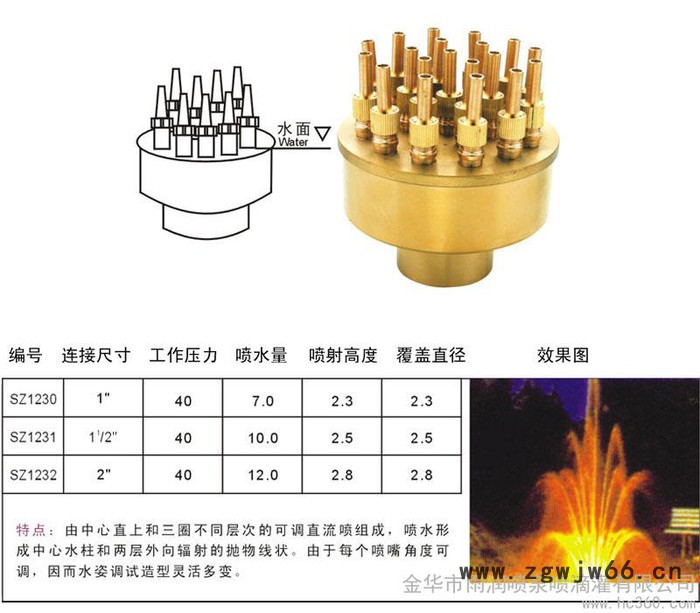 供应雨润牌喷泉喷头、可调三层花铜喷头批发图1