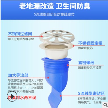 供应地漏防臭硅胶内芯 全铜不锈钢卫生间下水管防虫地漏盖内芯图1